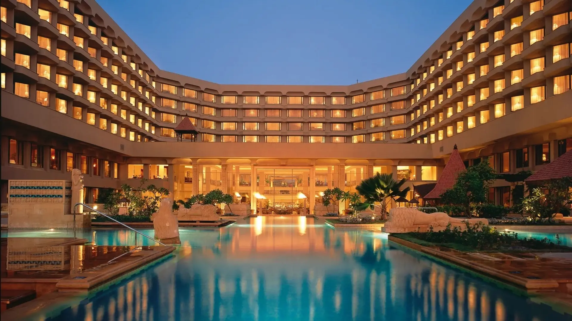 View of the pool and entrance of the JW Marriot Mumbai Juhu