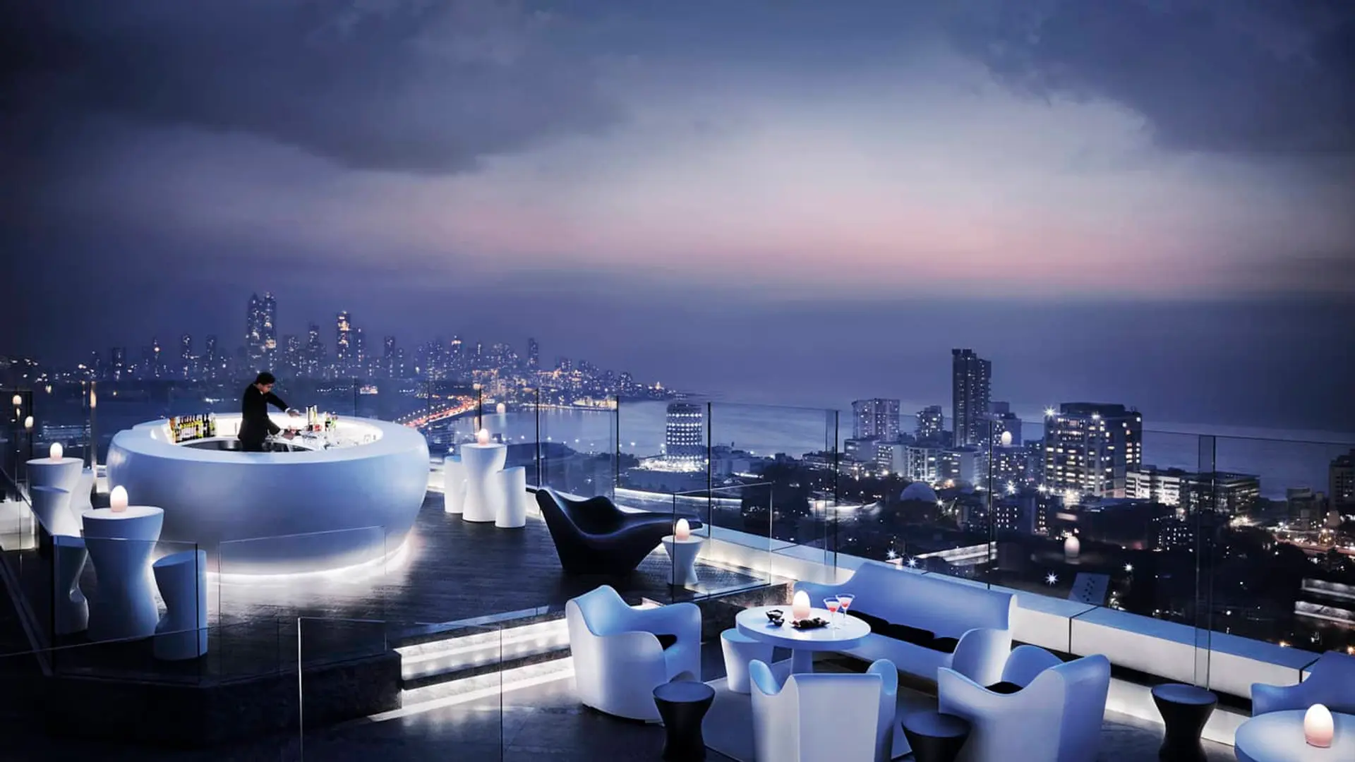 Rooftop bar and lounge with view of Mumbai at the Four Seasons Hotel, Mumbai